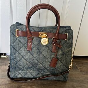 Michael Kors Quilted Denim and Brown Leather Tote